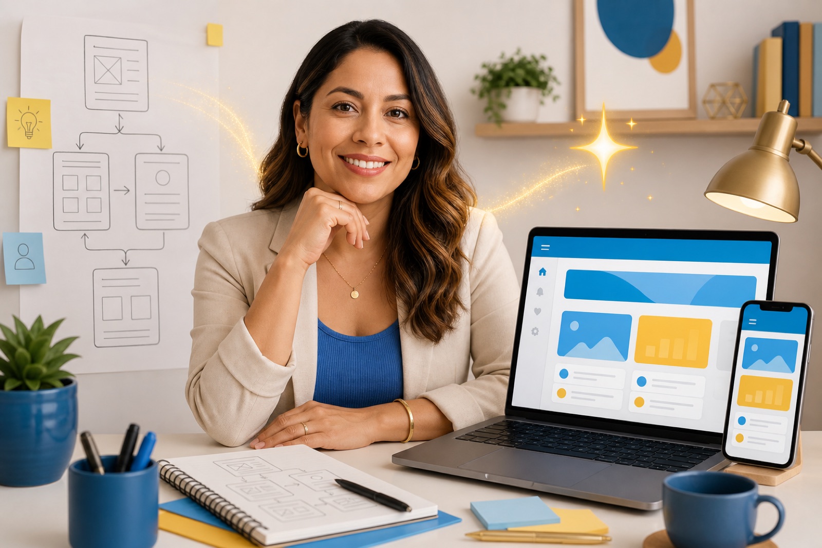 Persona convirtiendo un boceto de idea en una aplicación en su computador