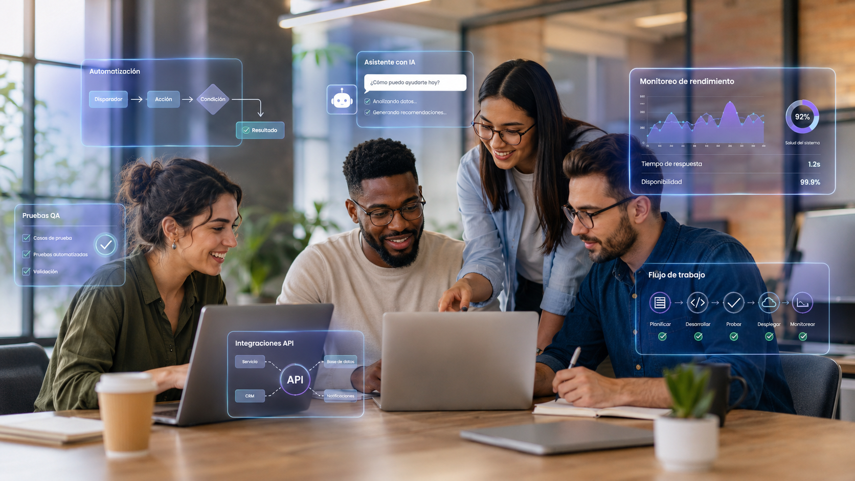 Equipos tech colaborando con IA, automatización, QA y monitoreo de rendimiento