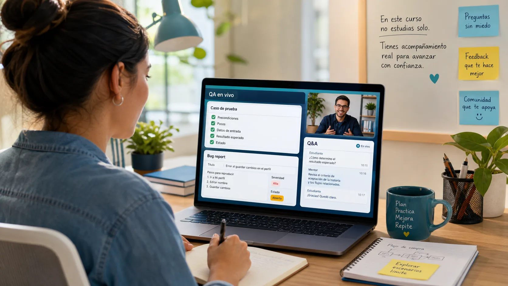 Sesión online de mentoría QA con Q&A y casos de prueba