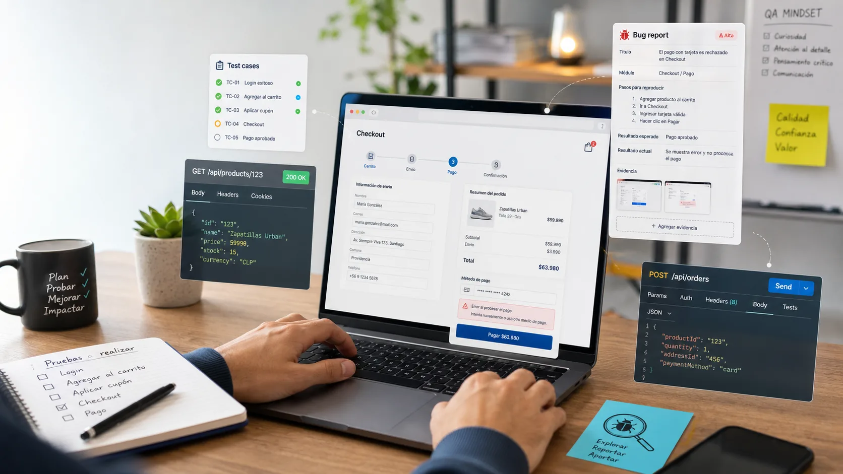 Flujo visual de QA Market Lab con checkout, reportes de bugs y pruebas de API